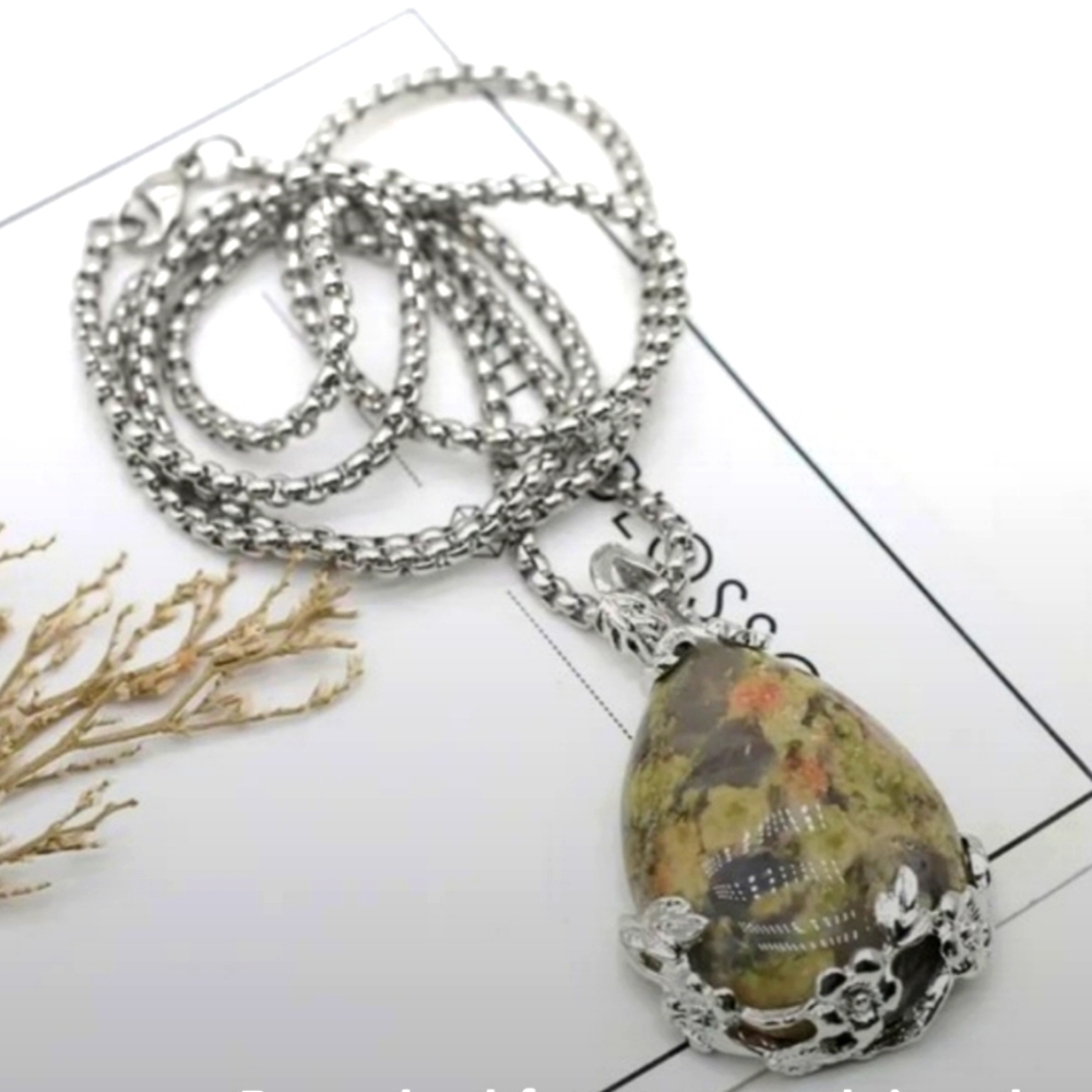 Unakite Natural Stone Drop Shaped Pendant Healing Gemstone